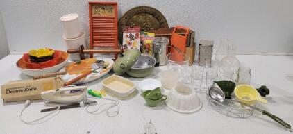 Kitchen Lot, filled with Vintage (1) Gary Valenti Maspeth 13" Pasta Bowl Hand Painted in Italy (1)Gary Valenti Maspeth 16" x 11" Platter Hand Painted in Italy (1) Vintage WEST BEND 3 Pc Avocado Green Aluminum Stovetop Bun Warmer Server (1) Vintage Hamilto