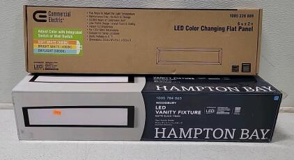 (1) *New* Hampton Bay Woodbury 24.5 in. Matte Black LED Vanity Light Bar (1) *New* Commercial Electric 6 in. x 2 ft. LED Color Changing Flat Panel Light Fixture