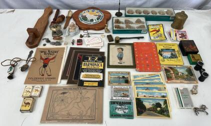 (6) Vintage Postcards (1) Vintage Bell Micro Binoculars (1) Vintage Flame Striker & More