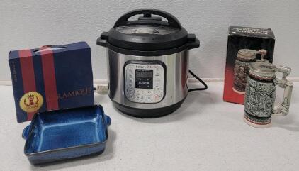 (1) Instant Pot Duo Evo, 8qt. (1) Vintage Avon "Age of the Iron Horse" Ceramic Beer Stein (1) Basque Ceramique Andalusian Blue Stoneware 10" Square Baker