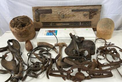 (1) Vintage Wooden Wall Art (4) Vintage Leather Halter/ Bridle (9) Vintage Animal Traps & More