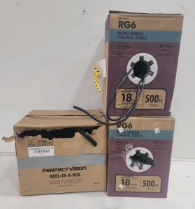 (2) Southwire RG6 Quad Shield Black Coaxial Cable (1) Perfect Vision RG6 Coaxial Cable Reel In A Box
