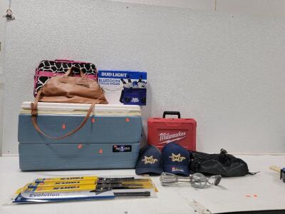 (1) Igloo Max 5 Cold Cooler (1) Bud Light Bluetooth Cooler Speaker *NEW* (1) Milwaukee Tool Case (1) Juicy Couture Sequins Backpack, Black (1) Universal Threads Handbag, Brown (1) Black/White/Pink Laptop Case