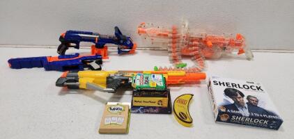 (1) Nerf N-Strike Elite Hail-Fire Blaster (1) Nerf N-Strike Elite Stampede ECS Battery Powered Auto Machine Gun (1) Nerf N-Strike Vulcan EBF-25 Blaster And Assorted Tabletop Games