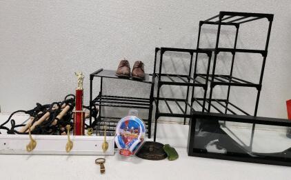 (1) 10 Shelf Plastic Storage Shelving Unit (1) Style Selections White Gold Decorative Wall Hook (1) Sand Art Liquid Motion Display And More