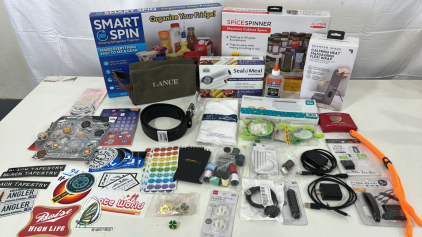 (1) Smart Spin Rotating Refrigerator Organizer (1) Dickies Black Leather Belt Size 44 (1) Allstar Kitchen Spice Spinner Organizer & More