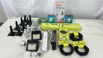 (1) Onn. 4K Streaming Box W/ Google TV (1) Hang Onn. Tabletop TV Stand 39&rdquo;-70&rdquo; (2) Power Bar & More