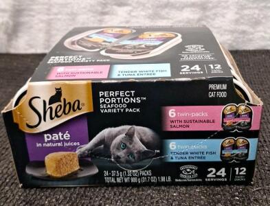 (1) 24-Count Pack Of Sheba Perfect Portions Seafood Variety Pack & (1) Box Of Assorted Amazon Overstock