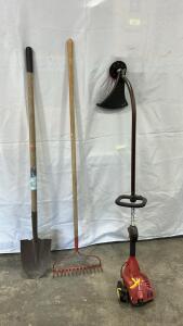(1) Homelite 26cs Gas-Powered String Trimmer (1) 5&rsquo; Round Shovel (1) 5&rsquo; Metal Rake