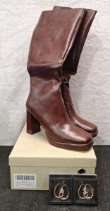 (1) Pair Of Women's Foux Leather Knee High Go Go Boots, Size-11 & (2) Pairs Of Pendant Earrings