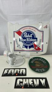 (1) 28&rdquo;x22&rdquo; Pabst Blue Ribbon Beer Sign (1) 13&rdquo; Oval Moosehead Beer Wall Art (1) Modern 3 spotlight Ceiling Light Fixture & More