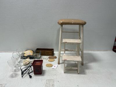 Box with Vintage glasses, 4 wine glasses, wax melt, and more
