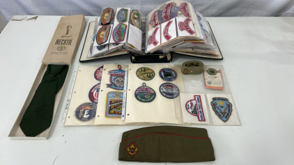 (1) Vintage Boy Scouts Of America Troop Hat (1) Vintage BSOA Belt And Offical Necktie (30+) Vintage BSOA Patches