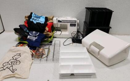 (1) Brother XR-40 Sewing Machine W/ Cover (1) Metal Wire Utensil Holder (1) White Plastic Flatware Tray (4) Black Plastic Paper File Organizers And Assorted Reusable Shopping Bags