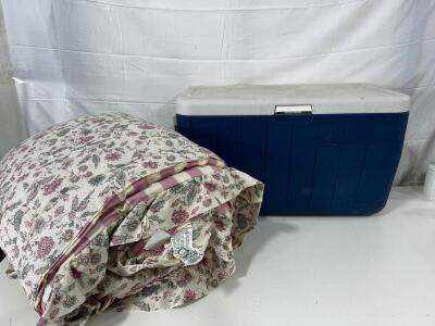 (1) Coleman Blue Cooler W/ Sliding Tray Inside (1) Queen 86&rdquo;x86&rdquo; Pink And Cream Floral Comforter W/ 2 Pillow Case