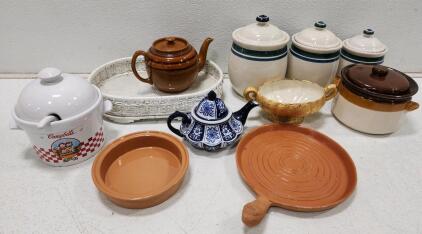 (3) Gibson Food Storage Jars (1) Blue And White Porcelain Teapot (1) Vintage Campbell's Soup Tureen And More