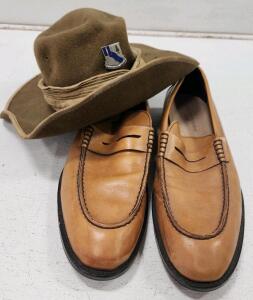 (1) Banana Republic Leather Penny Loafer Pair (1) Australian Slouch Hat (1) US Army 47 Armored Infantry Audaciter Et Sincere Insignia Pin