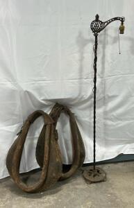 (2) Vintage Leather Horse Collar Harness (1) Vintage Metal Standing Lamp