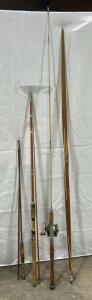 (1) Vintage Ben Pearson 67&rdquo; Wooden Bow (1) Vintage Wright & McGill "Granger" Fly Rod (1) Vintage &ldquo;Water King&rdquo; Fishing Rod W/ Penn Fishing Reel (1) Vintage Bamboo Fly Fishing Rod