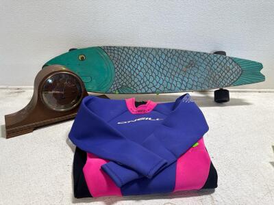 (1) Painted Long Board- 41&rdquo;L (1) Linden Clock & (1) O&rsquo;Neill Womens Wet Suit Size 12