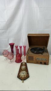 (1) Vntage Emerson Wooden Cabinet Phono Radio (1) Vintage Jason Weather Station W/ A Barometer, Thermometer, And Hygrometer (7) Red Glassware W/ Some Etched