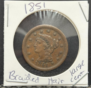 1851 Braided Hair Large Cent, United States Coin, Copper, No Mint Mark