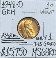 (1) 1948-D MS68RD Penny- RARE Only One This Grade Copper