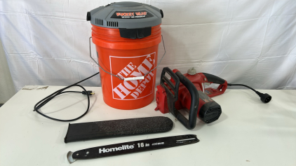 (1) Bucket Head Wet/ Dry Vacuum Powerhead (1) Homelite 12 Amp 120 V Model UT43123 Electric Chainsaw