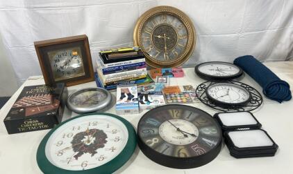 (2) Husky 1200 Lumens Rechargeable Magnetic Utility Light (7) Assorted Wall Clocks (1) Chess, Checkers And Tic Tac Toe Game Set & More