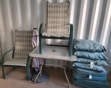 (1) Glass Patio Table 32" x 38" (2) Patio Chairs, Green Metal, (1) Umbrella w/stand (8) Large Outdoor Cushions