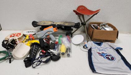 (1) Sphinx Mountainboard Suspension Skateboard (1) SplatRBall Water Bead Blaster (1) Bass Pro Shops Eclipse Travel Lite Tripod Stool And More