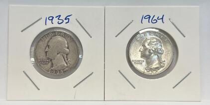 1935 & 1964 U.S. Washington Quarters, Silver Content, No Mint Mark Visible