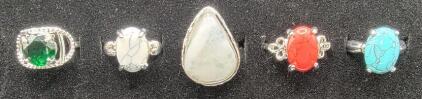 (5) Natural Gemstone Rings Emerald, White Buffalo Turquoise, Rainbow Moonstone, Red Turquoise, Blue Turquoise
