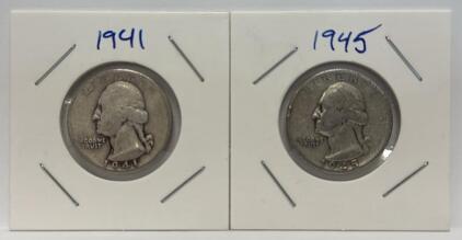 1941 & 1945 Washington Quarters, 90% Silver, No Mint Mark