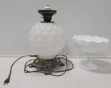 Vintage "Gone with the Wind" Style Milk Glass Table Lamp, Top Globe is Missing (1) Vintage Mid-century Milk Glass Compote 8.5 inches