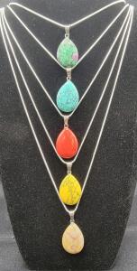 5 Natural Gemstone Necklaces, 24" Turquoise & Agate