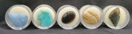 (5) Different Polished Gemstone Cabochons (1) 26.25 ct. Natural Blue Opal Checker Cut Cabochon (1) 38.30 cr Turquoise Cabochon (1) 22.10 ct. Tiger Eye Jasper Cabochon (1) 28.10 ct. Owyhee Picture Jasper Cabochon (1) 23.50 ct. Abalone Shell Cabochon, photo