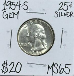 (1) 1954-S MS65 Gem Silver Washington Quarter