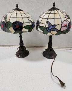 (2) Vintage Tiffany-Style Hummingbird Stained Glass Lamp Art