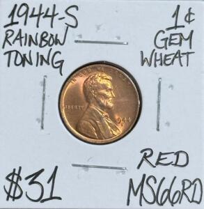(1) 1944-S MS66RD Gem Rainbow Toning Wheat Penny