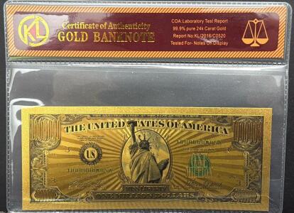KL Gold Banknote, 99.9% Pure 24k Gold, Miss Liberty, Serial 1000000MUSA