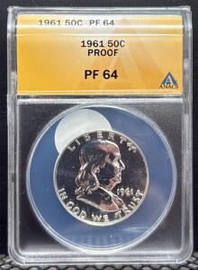 1961 Franklin Half Dollar, PF 64, ANACS Certified, Silver Coin, Serial 4462221
