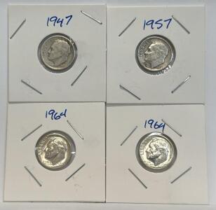 1947, 1957, 1964 Roosevelt Dimes, U.S. Mint, Silver Composition