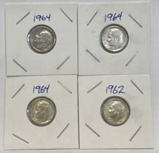 Roosevelt Dimes, 1962 & 1964, 90% Silver, Set of Four Coins