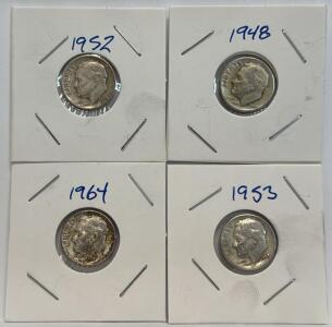 1948, 1952, 1953, 1964 U.S. Roosevelt Dimes, 90% Silver, Reeded Edge