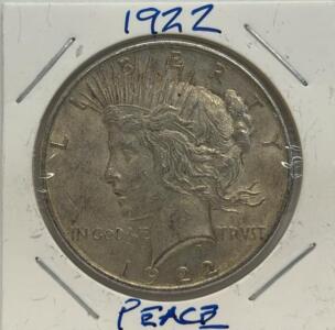 1922 United States Peace Dollar, Philadelphia Mint, 90% Silver Coin