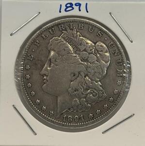 1891 Morgan Dollar Coin, United States, 90% Silver, Liberty Head