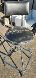 Craftsman Bar Stool, Chrome Frame, Black Vinyl Upholstery, Swivel Seat