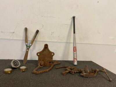Vintage Chain Pipe Vise, Vintage Pipe Vise, Vintage Gauges, And Metal Baseball Bat, Homelite Weed Whacker, Black And Decker Circular Saw