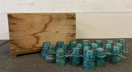 (19) Vintage Blue Glass Insulators And Wooen Crate